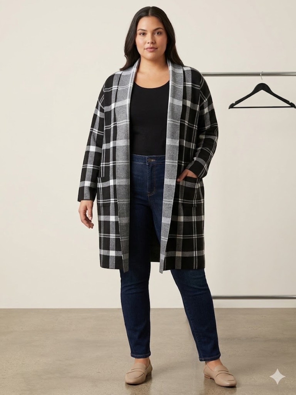 Adrienne Vittadini Woman 3X Dark Gray Plaid Knitted Cardigan Sweater Open Front